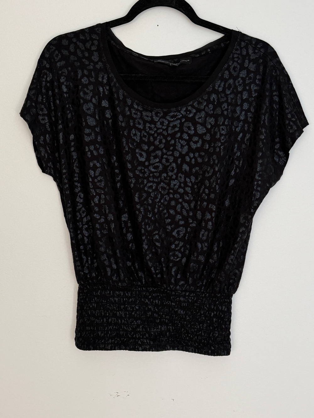 White House Black Market Black Leopard-Print Short Sleeve Shiny Top XS